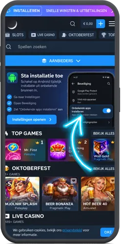 Schermafbeelding met Android-toggle en iOS-optie voor installatie toestaan, met pijlen gemarkeerd.