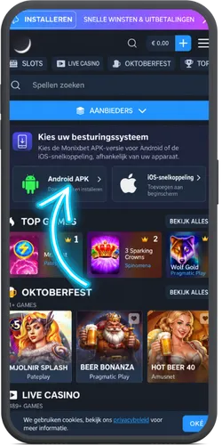 Downloadpagina met Android- en iOS-opties naast elkaar, met pijl gemarkeerd.
