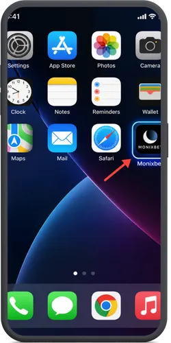 Beginscherm met het Monixbet app-icoon gemarkeerd met een pijl.