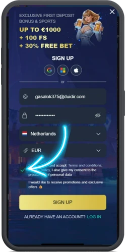 Vinkje bij bevestiging van leeftijd en voorwaarden.